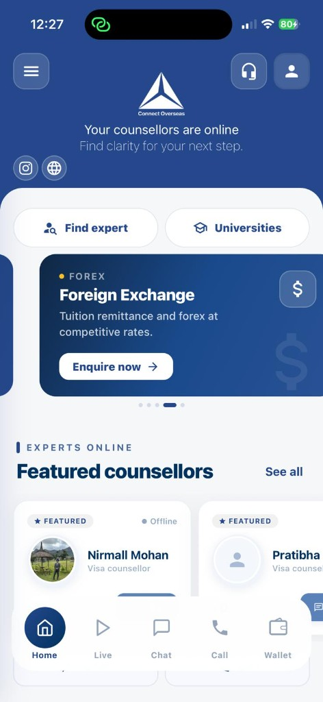 Connect Overseas app — home
